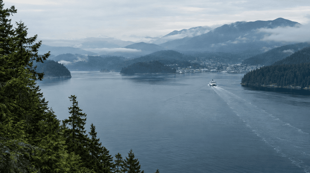 A ferry crossing calm water below forested mountains in morning mist