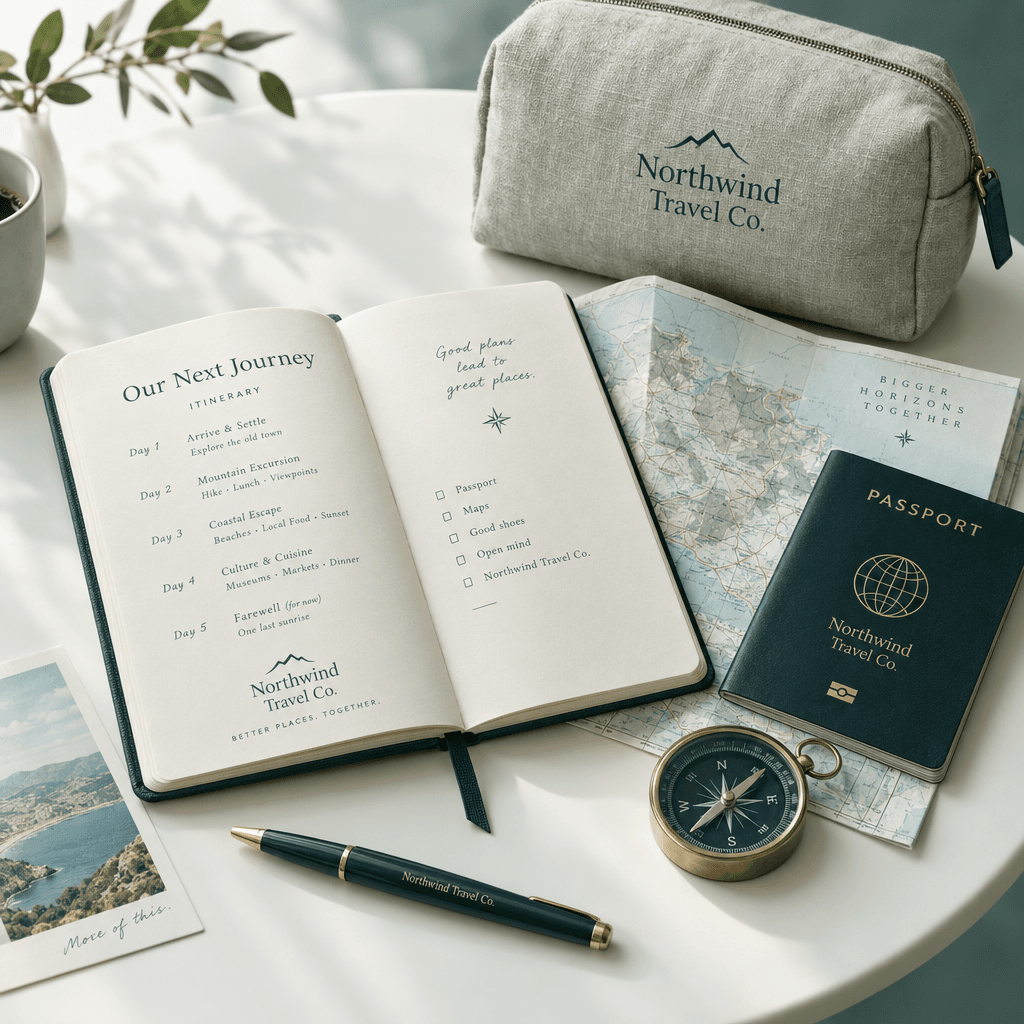 An open itinerary notebook, folded map, passport, and compass arranged for a weekend trip